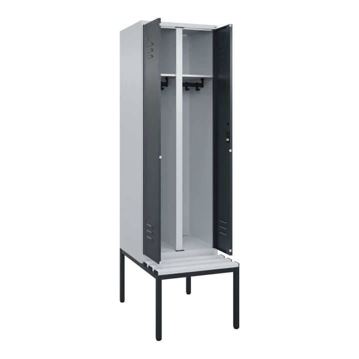 C+P Schwarz-Weiß-Spind Classic PLUS, Bank, 2 Abteile, 2120x600x815mm, 7035/7016, Verschluss Zylinderschloss, Sitzbanktyp untergebaut, Material Sitzfläche Kunststoff