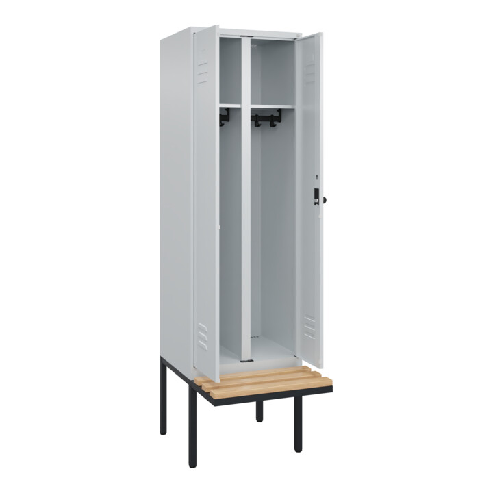 C+P Schwarz-Weiß-Spind Classic PLUS, Bank, 2 Abteile, 2120x600x815mm, 7035/7035, Verschluss Sicherheits-Drehriegel, Sitzbanktyp auskragend, Material Sitzfläche Buche-Hartholz