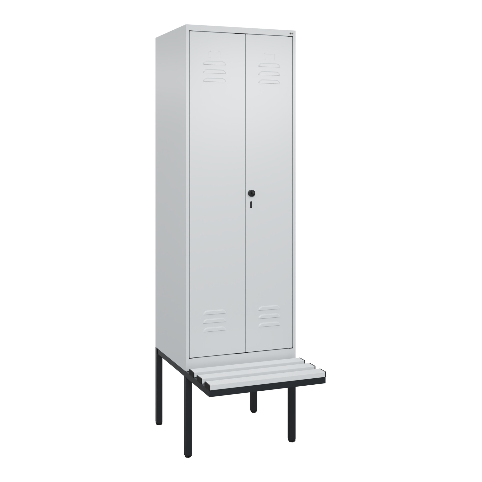 C+P Schwarz-Weiß-Spind Classic PLUS, Bank, 2 Abteile, 2120x600x815mm, 7035/7035, Verschluss Sicherheits-Drehriegel, Sitzbanktyp auskragend, Material S