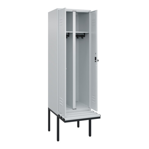 C+P Schwarz-Weiß-Spind Classic PLUS, Bank, 2 Abteile, 2120x600x815mm, 7035/7035, Verschluss Sicherheits-Drehriegel, Sitzbanktyp auskragend, Material Sitzfläche Kunststoff