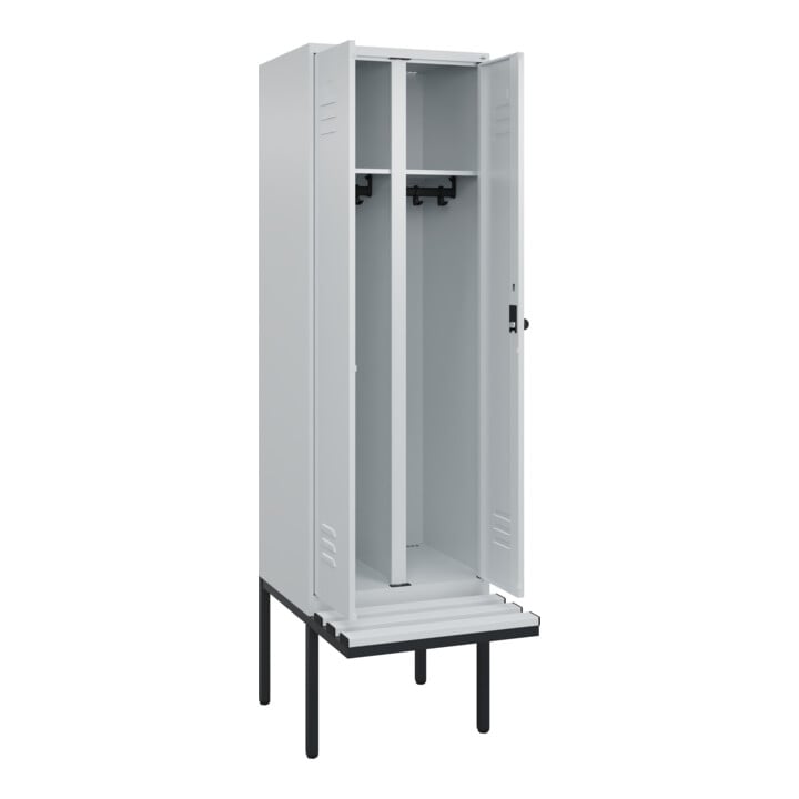 C+P Schwarz-Weiß-Spind Classic PLUS, Bank, 2 Abteile, 2120x600x815mm, 7035/7035, Verschluss Sicherheits-Drehriegel, Sitzbanktyp auskragend, Material Sitzfläche Kunststoff