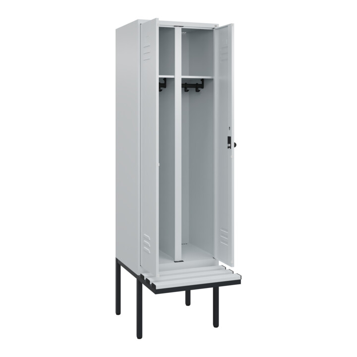 C+P Schwarz-Weiß-Spind Classic PLUS, Bank, 2 Abteile, 2120x600x815mm, 7035/7035, Verschluss Sicherheits-Drehriegel, Sitzbanktyp auskragend, Material Sitzfläche Kunststoff