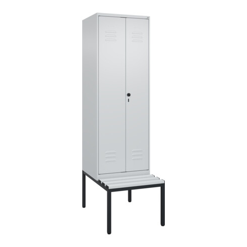 C+P Schwarz-Weiß-Spind Classic PLUS, Bank, 2 Abteile, 2120x600x815mm, 7035/7035, Verschluss Sicherheits-Drehriegel, Sitzbanktyp untergebaut, Material Sitzfläche Kunststoff