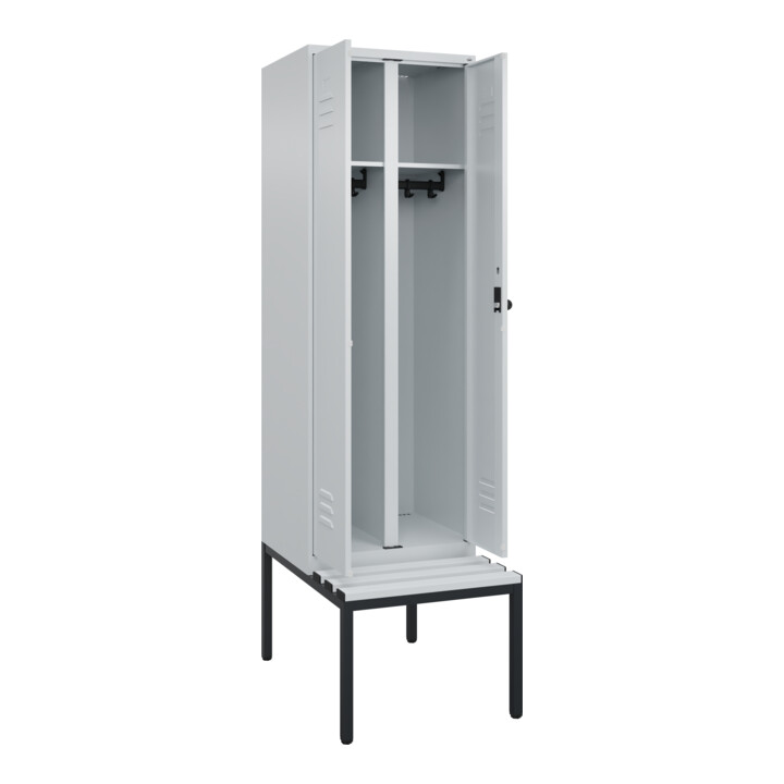 C+P Schwarz-Weiß-Spind Classic PLUS, Bank, 2 Abteile, 2120x600x815mm, 7035/7035, Verschluss Sicherheits-Drehriegel, Sitzbanktyp untergebaut, Material Sitzfläche Kunststoff