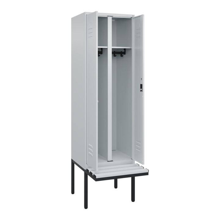 C+P Schwarz-Weiß-Spind Classic PLUS, Bank, 2 Abteile, 2120x600x815mm, 7035/7035, Verschluss Zylinderschloss, Sitzbanktyp auskragend, Material Sitzfläche Kunststoff