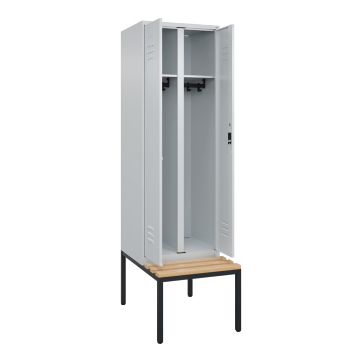 C+P Schwarz-Weiß-Spind Classic PLUS, Bank, 2 Abteile, 2120x600x815mm, 7035/7035, Verschluss Zylinderschloss, Sitzbanktyp untergebaut, Material Sitzfläche Buche-Hartholz