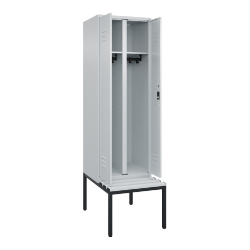 C+P Schwarz-Weiß-Spind Classic PLUS, Bank, 2 Abteile, 2120x600x815mm, 7035/7035, Verschluss Zylinderschloss, Sitzbanktyp untergebaut, Material Sitzfläche Kunststoff
