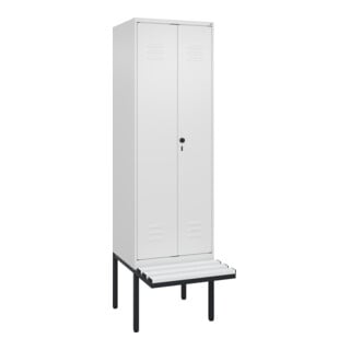 C+P Schwarz-Weiß-Spind Classic PLUS, Bank, 2 Abteile, 2120x600x815mm, 9016/9016, Verschluss Sicherheits-Drehriegel, Sitzbanktyp auskragend, Material Sitzfläche Kunststoff
