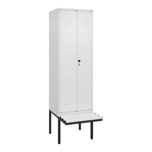 C+P Schwarz-Weiß-Spind Classic PLUS, Bank, 2 Abteile, 2120x600x815mm, 9016/9016, Verschluss Sicherheits-Drehriegel, Sitzbanktyp auskragend, Material Sitzfläche Kunststoff