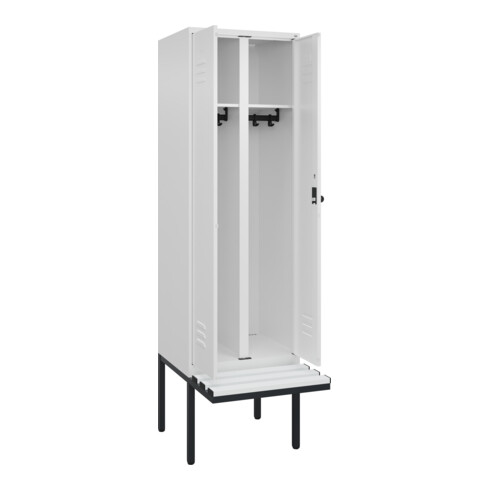 C+P Schwarz-Weiß-Spind Classic PLUS, Bank, 2 Abteile, 2120x600x815mm, 9016/9016, Verschluss Sicherheits-Drehriegel, Sitzbanktyp auskragend, Material Sitzfläche Kunststoff