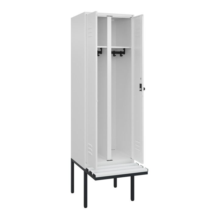 C+P Schwarz-Weiß-Spind Classic PLUS, Bank, 2 Abteile, 2120x600x815mm, 9016/9016, Verschluss Sicherheits-Drehriegel, Sitzbanktyp auskragend, Material Sitzfläche Kunststoff