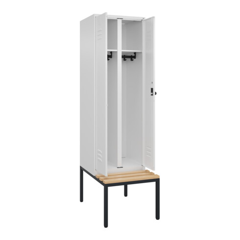 C+P Schwarz-Weiß-Spind Classic PLUS, Bank, 2 Abteile, 2120x600x815mm, 9016/9016, Verschluss Sicherheits-Drehriegel, Sitzbanktyp untergebaut, Material Sitzfläche Buche-Hartholz