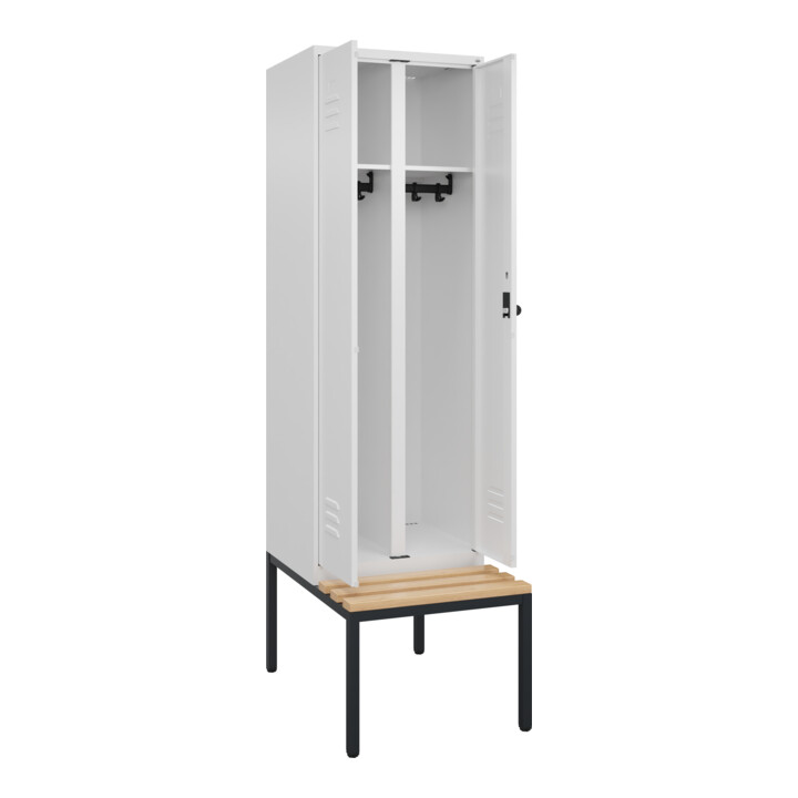 C+P Schwarz-Weiß-Spind Classic PLUS, Bank, 2 Abteile, 2120x600x815mm, 9016/9016, Verschluss Sicherheits-Drehriegel, Sitzbanktyp untergebaut, Material Sitzfläche Buche-Hartholz
