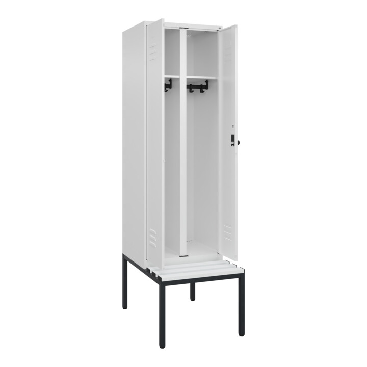 C+P Schwarz-Weiß-Spind Classic PLUS, Bank, 2 Abteile, 2120x600x815mm, 9016/9016, Verschluss Sicherheits-Drehriegel, Sitzbanktyp untergebaut, Material Sitzfläche Kunststoff
