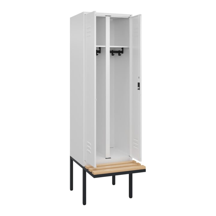 C+P Schwarz-Weiß-Spind Classic PLUS, Bank, 2 Abteile, 2120x600x815mm, 9016/9016, Verschluss Zylinderschloss, Sitzbanktyp auskragend, Material Sitzfläche Buche-Hartholz