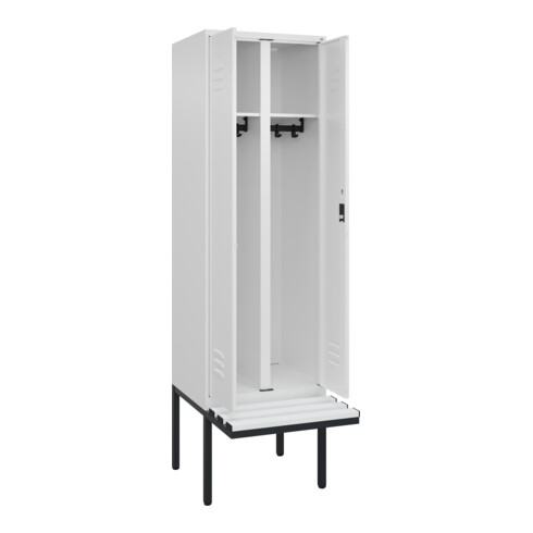 C+P Schwarz-Weiß-Spind Classic PLUS, Bank, 2 Abteile, 2120x600x815mm, 9016/9016, Verschluss Zylinderschloss, Sitzbanktyp auskragend, Material Sitzfläche Kunststoff