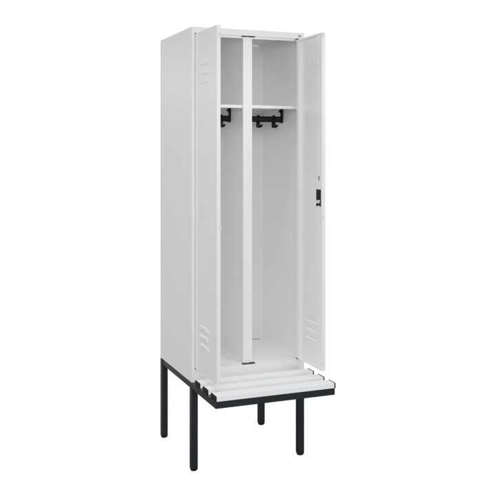 C+P Schwarz-Weiß-Spind Classic PLUS, Bank, 2 Abteile, 2120x600x815mm, 9016/9016, Verschluss Zylinderschloss, Sitzbanktyp auskragend, Material Sitzfläche Kunststoff