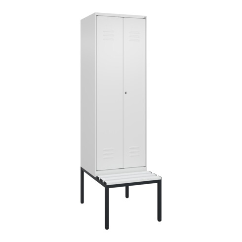 C+P Schwarz-Weiß-Spind Classic PLUS, Bank, 2 Abteile, 2120x600x815mm, 9016/9016, Verschluss Zylinderschloss, Sitzbanktyp untergebaut, Material Sitzfläche Kunststoff