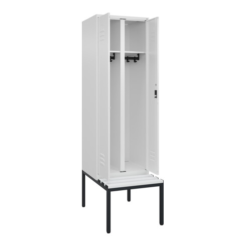 C+P Schwarz-Weiß-Spind Classic PLUS, Bank, 2 Abteile, 2120x600x815mm, 9016/9016, Verschluss Zylinderschloss, Sitzbanktyp untergebaut, Material Sitzfläche Kunststoff