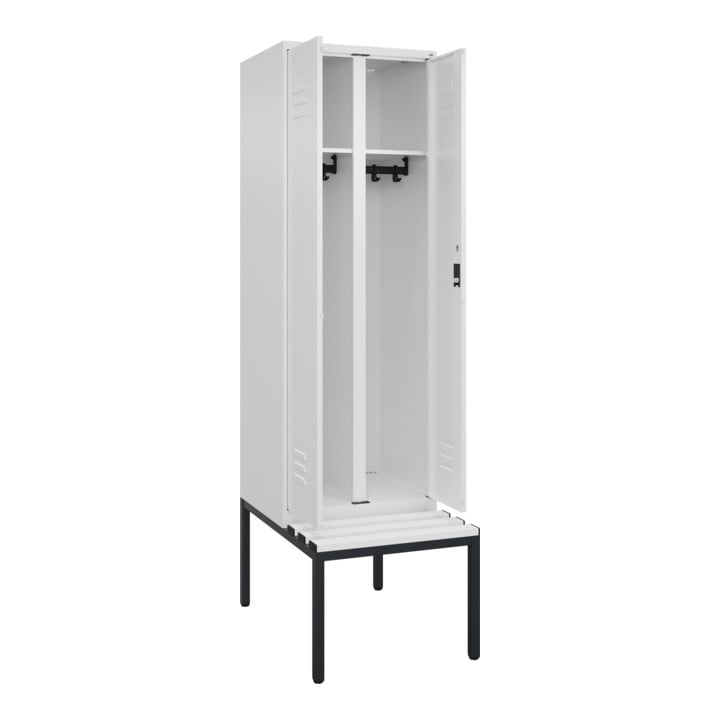 C+P Schwarz-Weiß-Spind Classic PLUS, Bank, 2 Abteile, 2120x600x815mm, 9016/9016, Verschluss Zylinderschloss, Sitzbanktyp untergebaut, Material Sitzfläche Kunststoff