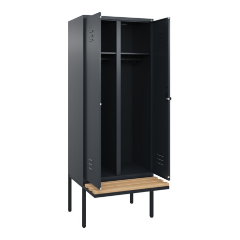 C+P Schwarz-Weiß-Spind Classic PLUS, Bank, 2 Abteile, 2120x800x815mm, 7016/7016, Verschluss Sicherheits-Drehriegel, Sitzbanktyp auskragend, Material Sitzfläche Buche-Hartholz