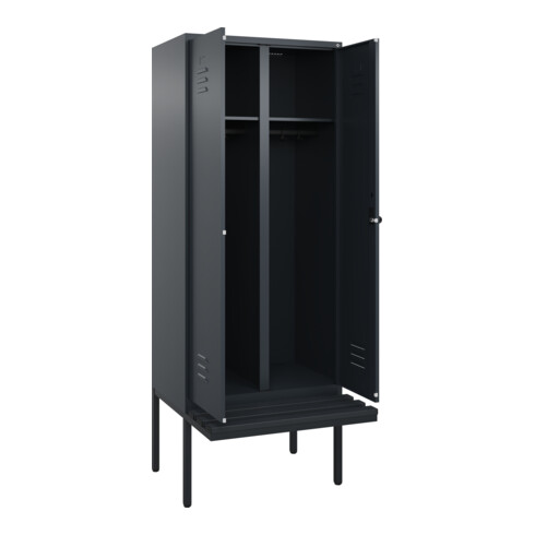 C+P Schwarz-Weiß-Spind Classic PLUS, Bank, 2 Abteile, 2120x800x815mm, 7016/7016, Verschluss Sicherheits-Drehriegel, Sitzbanktyp auskragend, Material Sitzfläche Kunststoff