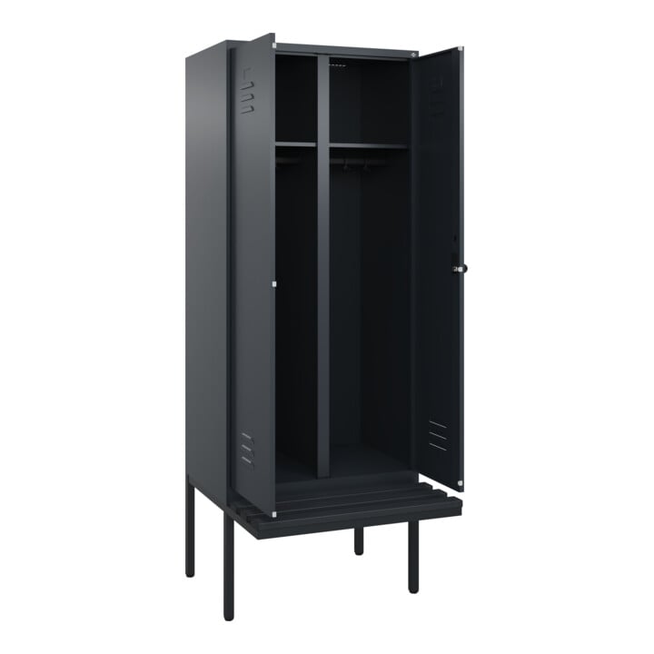 C+P Schwarz-Weiß-Spind Classic PLUS, Bank, 2 Abteile, 2120x800x815mm, 7016/7016, Verschluss Sicherheits-Drehriegel, Sitzbanktyp auskragend, Material Sitzfläche Kunststoff