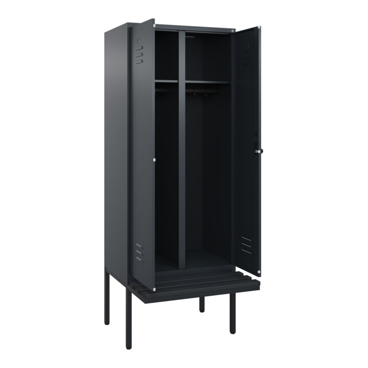 C+P Schwarz-Weiß-Spind Classic PLUS, Bank, 2 Abteile, 2120x800x815mm, 7016/7016, Verschluss Sicherheits-Drehriegel, Sitzbanktyp auskragend, Material Sitzfläche Kunststoff