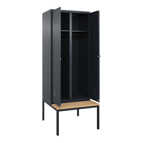 C+P Schwarz-Weiß-Spind Classic PLUS, Bank, 2 Abteile, 2120x800x815mm, 7016/7016, Verschluss Sicherheits-Drehriegel, Sitzbanktyp untergebaut, Material Sitzfläche Buche-Hartholz