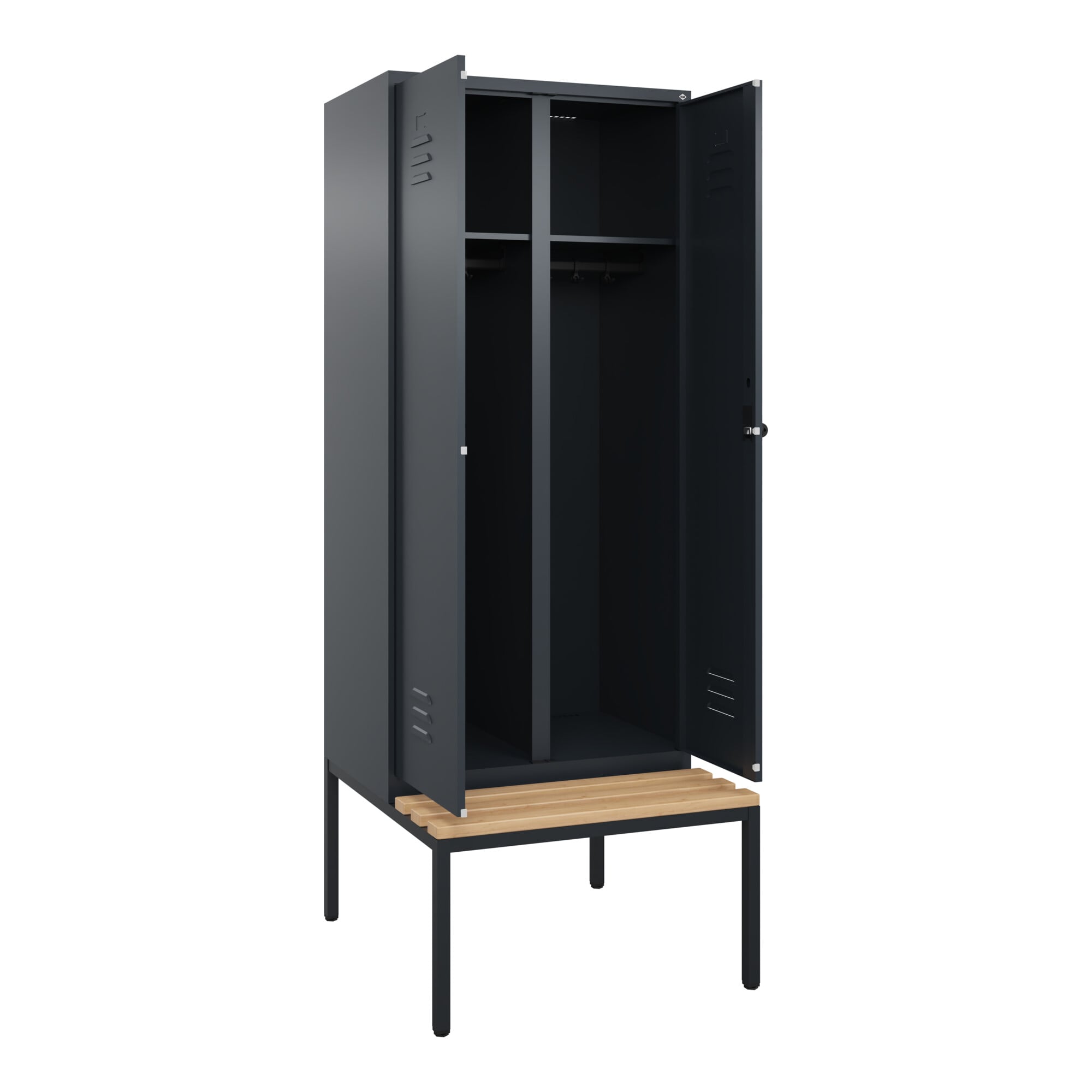 C+P Schwarz-Weiß-Spind Classic PLUS, Bank, 2 Abteile, 2120x800x815mm, 7016/7016, Verschluss Sicherheits-Drehriegel, Sitzbanktyp untergebaut, Material