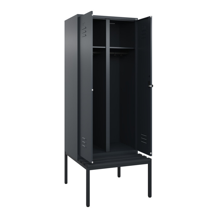 C+P Schwarz-Weiß-Spind Classic PLUS, Bank, 2 Abteile, 2120x800x815mm, 7016/7016, Verschluss Sicherheits-Drehriegel, Sitzbanktyp untergebaut, Material Sitzfläche Kunststoff