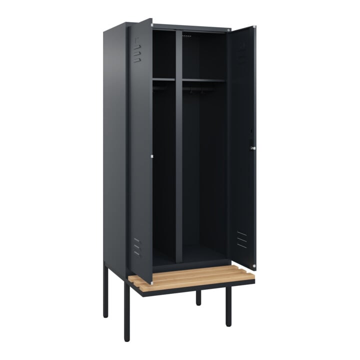 C+P Schwarz-Weiß-Spind Classic PLUS, Bank, 2 Abteile, 2120x800x815mm, 7016/7016, Verschluss Zylinderschloss, Sitzbanktyp auskragend, Material Sitzfläche Buche-Hartholz