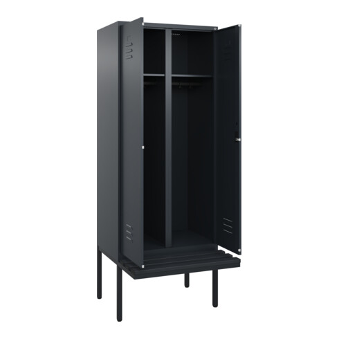 C+P Schwarz-Weiß-Spind Classic PLUS, Bank, 2 Abteile, 2120x800x815mm, 7016/7016, Verschluss Zylinderschloss, Sitzbanktyp auskragend, Material Sitzfläche Kunststoff