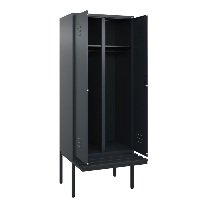C+P Schwarz-Weiß-Spind Classic PLUS, Bank, 2 Abteile, 2120x800x815mm, 7016/7016, Verschluss Zylinderschloss, Sitzbanktyp auskragend, Material Sitzfläche Kunststoff