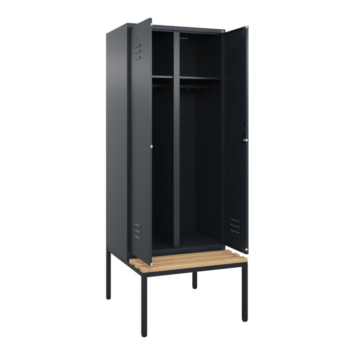 C+P Schwarz-Weiß-Spind Classic PLUS, Bank, 2 Abteile, 2120x800x815mm, 7016/7016, Verschluss Zylinderschloss, Sitzbanktyp untergebaut, Material Sitzfläche Buche-Hartholz