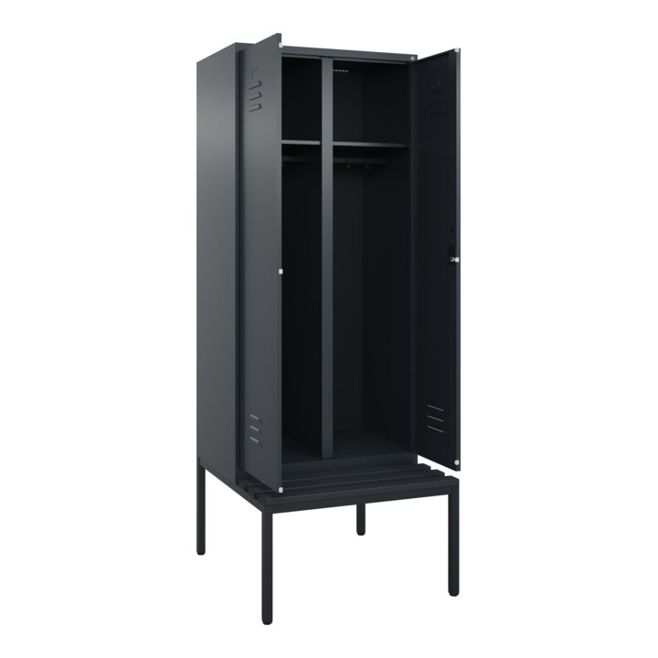 C+P Schwarz-Weiß-Spind Classic PLUS, Bank, 2 Abteile, 2120x800x815mm, 7016/7016, Verschluss Zylinderschloss, Sitzbanktyp untergebaut, Material Sitzfläche Kunststoff