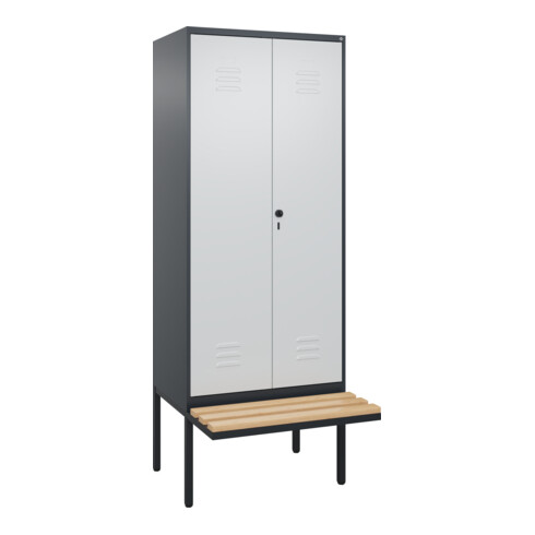 C+P Schwarz-Weiß-Spind Classic PLUS, Bank, 2 Abteile, 2120x800x815mm, 7016/7035, Verschluss Sicherheits-Drehriegel, Sitzbanktyp auskragend, Material Sitzfläche Buche-Hartholz