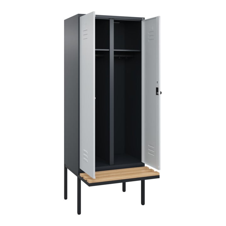 C+P Schwarz-Weiß-Spind Classic PLUS, Bank, 2 Abteile, 2120x800x815mm, 7016/7035, Verschluss Sicherheits-Drehriegel, Sitzbanktyp auskragend, Material Sitzfläche Buche-Hartholz