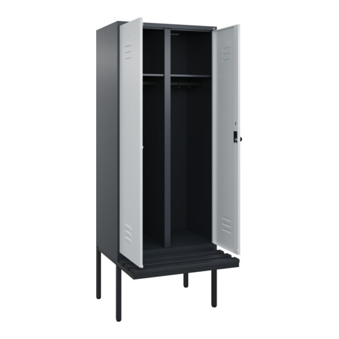 C+P Schwarz-Weiß-Spind Classic PLUS, Bank, 2 Abteile, 2120x800x815mm, 7016/7035, Verschluss Sicherheits-Drehriegel, Sitzbanktyp auskragend, Material Sitzfläche Kunststoff