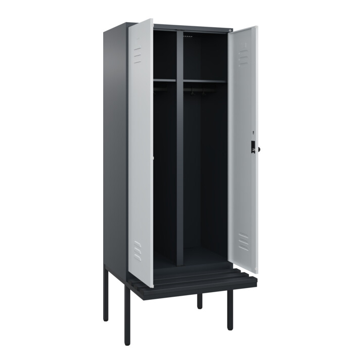 C+P Schwarz-Weiß-Spind Classic PLUS, Bank, 2 Abteile, 2120x800x815mm, 7016/7035, Verschluss Sicherheits-Drehriegel, Sitzbanktyp auskragend, Material Sitzfläche Kunststoff