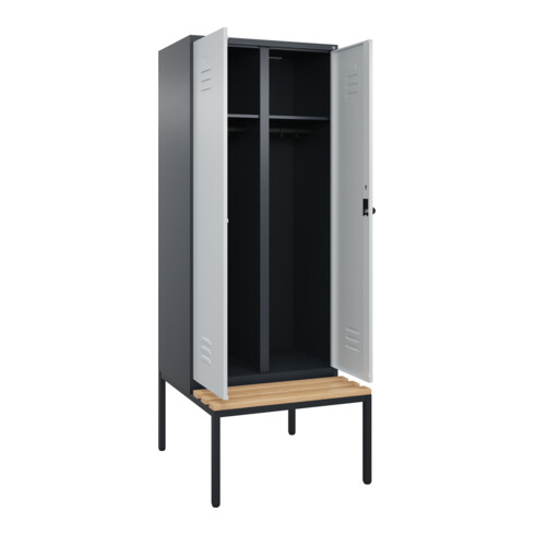 C+P Schwarz-Weiß-Spind Classic PLUS, Bank, 2 Abteile, 2120x800x815mm, 7016/7035, Verschluss Sicherheits-Drehriegel, Sitzbanktyp untergebaut, Material Sitzfläche Buche-Hartholz