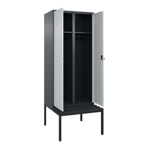 C+P Schwarz-Weiß-Spind Classic PLUS, Bank, 2 Abteile, 2120x800x815mm, 7016/7035, Verschluss Sicherheits-Drehriegel, Sitzbanktyp untergebaut, Material Sitzfläche Kunststoff