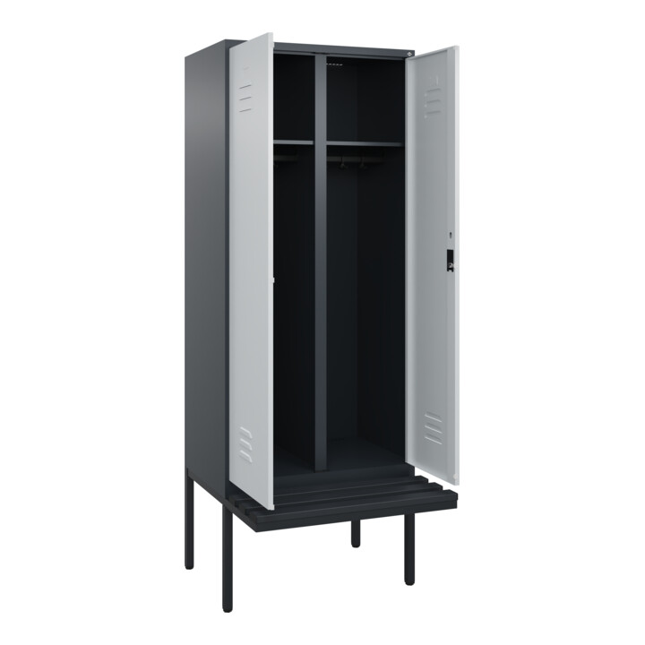 C+P Schwarz-Weiß-Spind Classic PLUS, Bank, 2 Abteile, 2120x800x815mm, 7016/7035, Verschluss Zylinderschloss, Sitzbanktyp auskragend, Material Sitzfläche Kunststoff