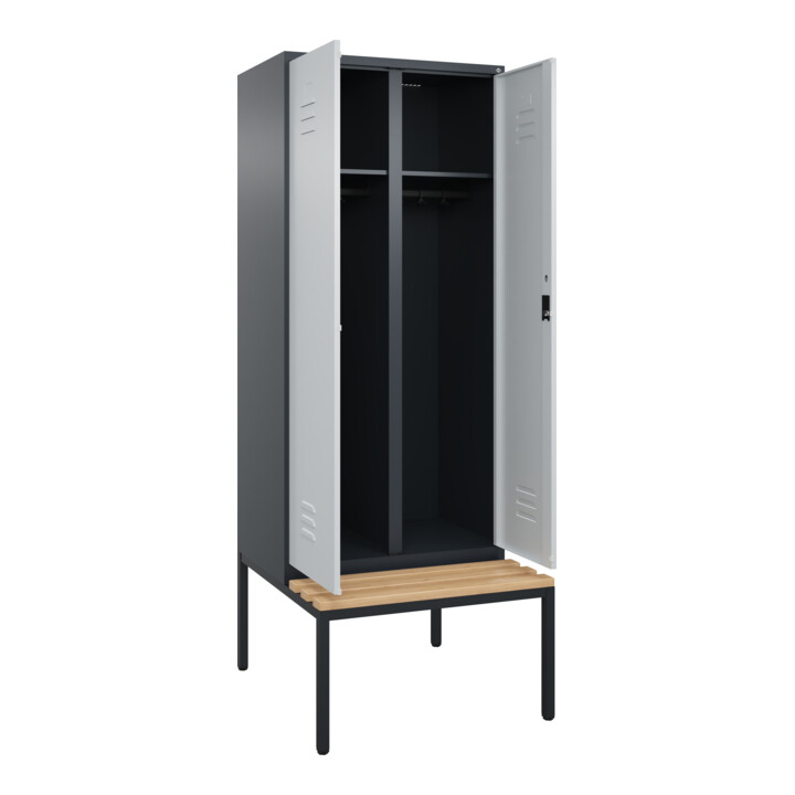 C+P Schwarz-Weiß-Spind Classic PLUS, Bank, 2 Abteile, 2120x800x815mm, 7016/7035, Verschluss Zylinderschloss, Sitzbanktyp untergebaut, Material Sitzfläche Buche-Hartholz
