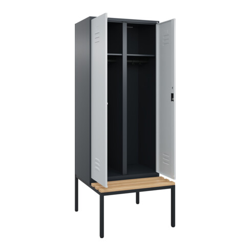 C+P Schwarz-Weiß-Spind Classic PLUS, Bank, 2 Abteile, 2120x800x815mm, 7016/7035, Verschluss Zylinderschloss, Sitzbanktyp untergebaut, Material Sitzfläche Buche-Hartholz