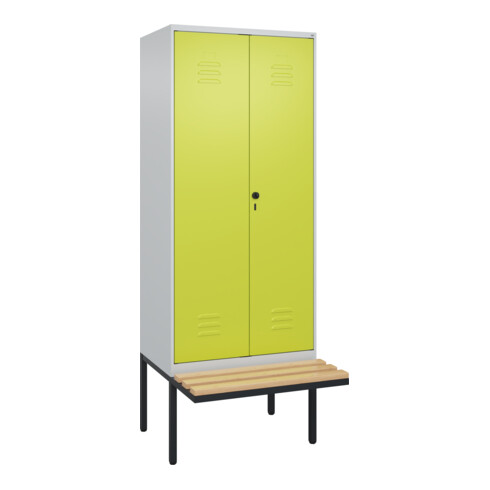 C+P Schwarz-Weiß-Spind Classic PLUS, Bank, 2 Abteile, 2120x800x815mm, 7035/0024, Verschluss Sicherheits-Drehriegel, Sitzbanktyp auskragend, Material Sitzfläche Buche-Hartholz