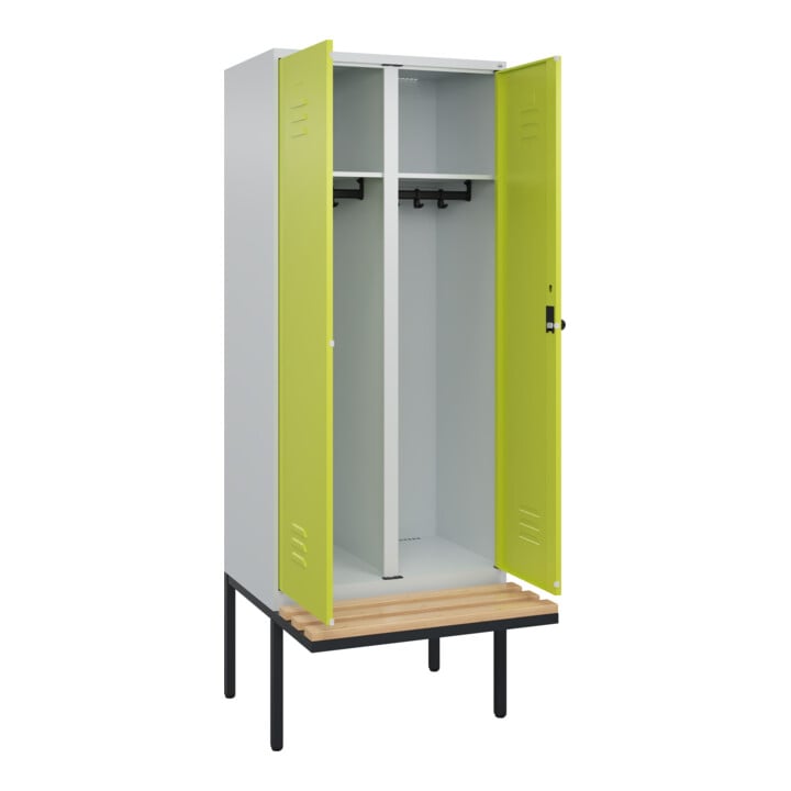 C+P Schwarz-Weiß-Spind Classic PLUS, Bank, 2 Abteile, 2120x800x815mm, 7035/0024, Verschluss Sicherheits-Drehriegel, Sitzbanktyp auskragend, Material Sitzfläche Buche-Hartholz