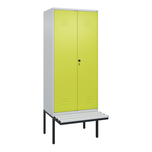 C+P Schwarz-Weiß-Spind Classic PLUS, Bank, 2 Abteile, 2120x800x815mm, 7035/0024, Verschluss Sicherheits-Drehriegel, Sitzbanktyp auskragend, Material Sitzfläche Kunststoff