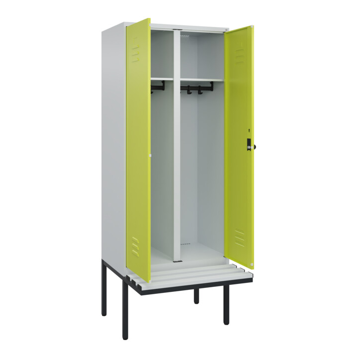 C+P Schwarz-Weiß-Spind Classic PLUS, Bank, 2 Abteile, 2120x800x815mm, 7035/0024, Verschluss Sicherheits-Drehriegel, Sitzbanktyp auskragend, Material Sitzfläche Kunststoff