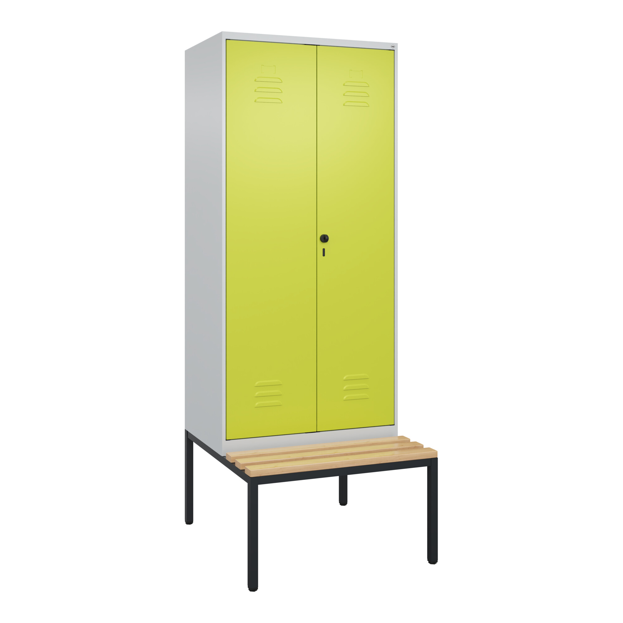 C+P Schwarz-Weiß-Spind Classic PLUS, Bank, 2 Abteile, 2120x800x815mm, 7035/0024, Verschluss Sicherheits-Drehriegel, Sitzbanktyp untergebaut, Material